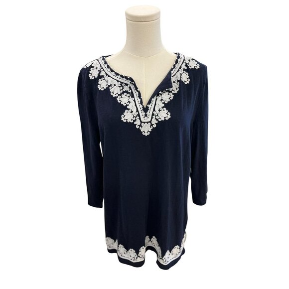 Talbots Blue & White Embroidered Tunic Top 3/4 Sleeve Size Large - Picture 1 of 4